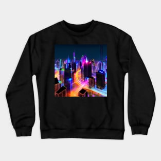 Ai Generated Art Scenery - Futuristic City Skyline With Neon Street Lights Crewneck Sweatshirt